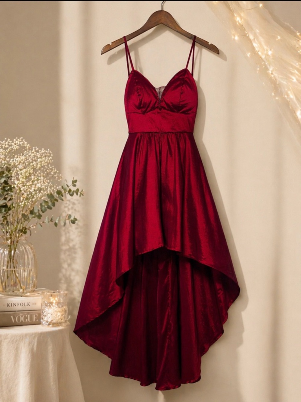 B. Smart Deep Burgundy Satin High-Low Spaghetti Strap Dress